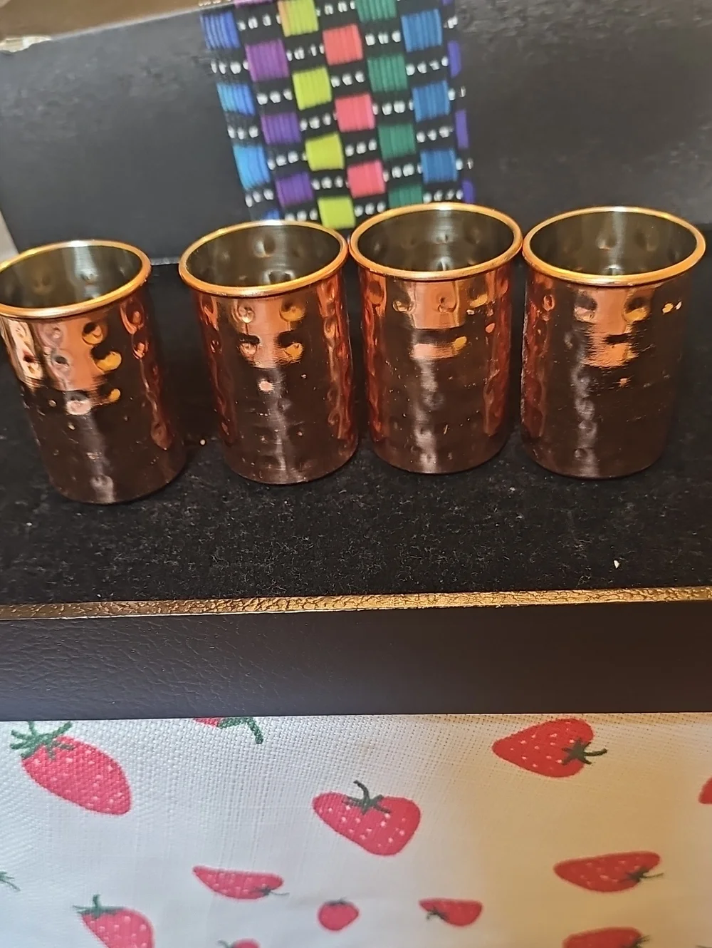 Vintage Hand-Hammered Copper Shot Glasses with Metal Caddy - Set of 4.